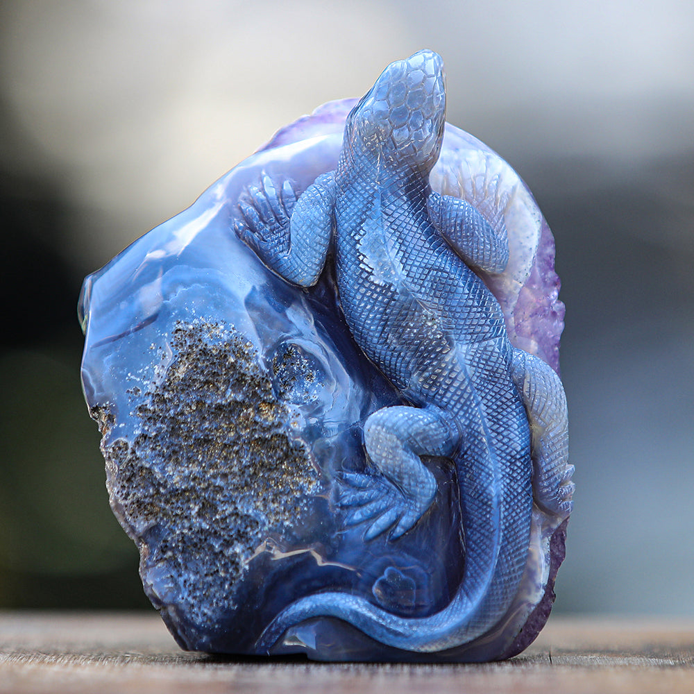 5.0" Amethyst Cluster Geode Double Lizard Carving - Unique Piece #2100005