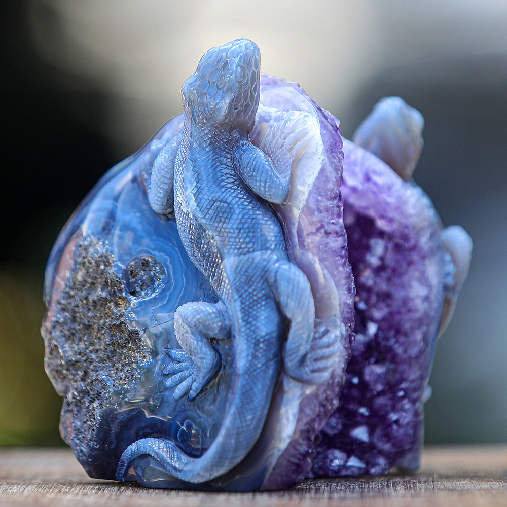 5.0" Amethyst Cluster Geode Double Lizard Carving - Unique Piece #2100005