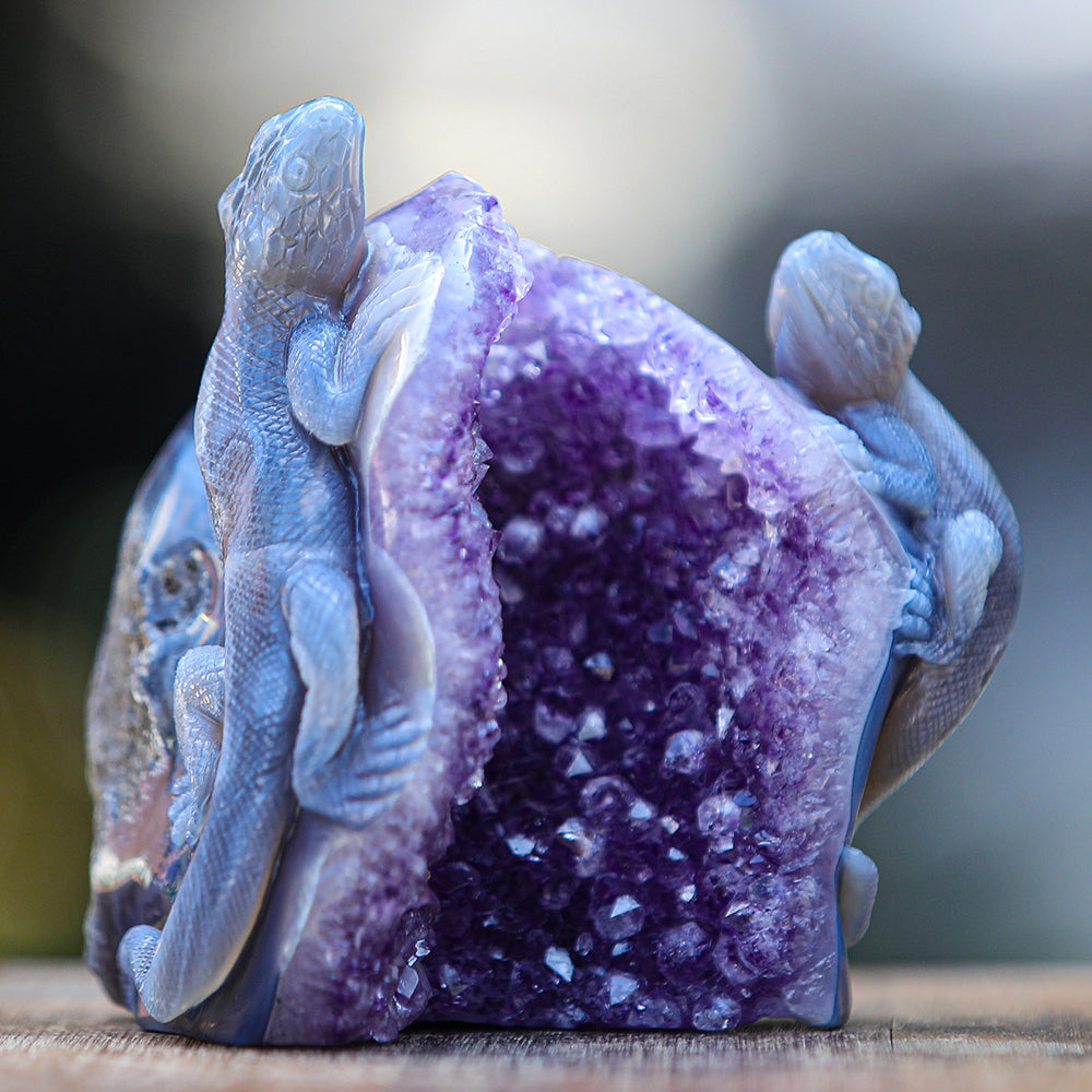 5.0" Amethyst Cluster Geode Double Lizard Carving - Unique Piece #2100005