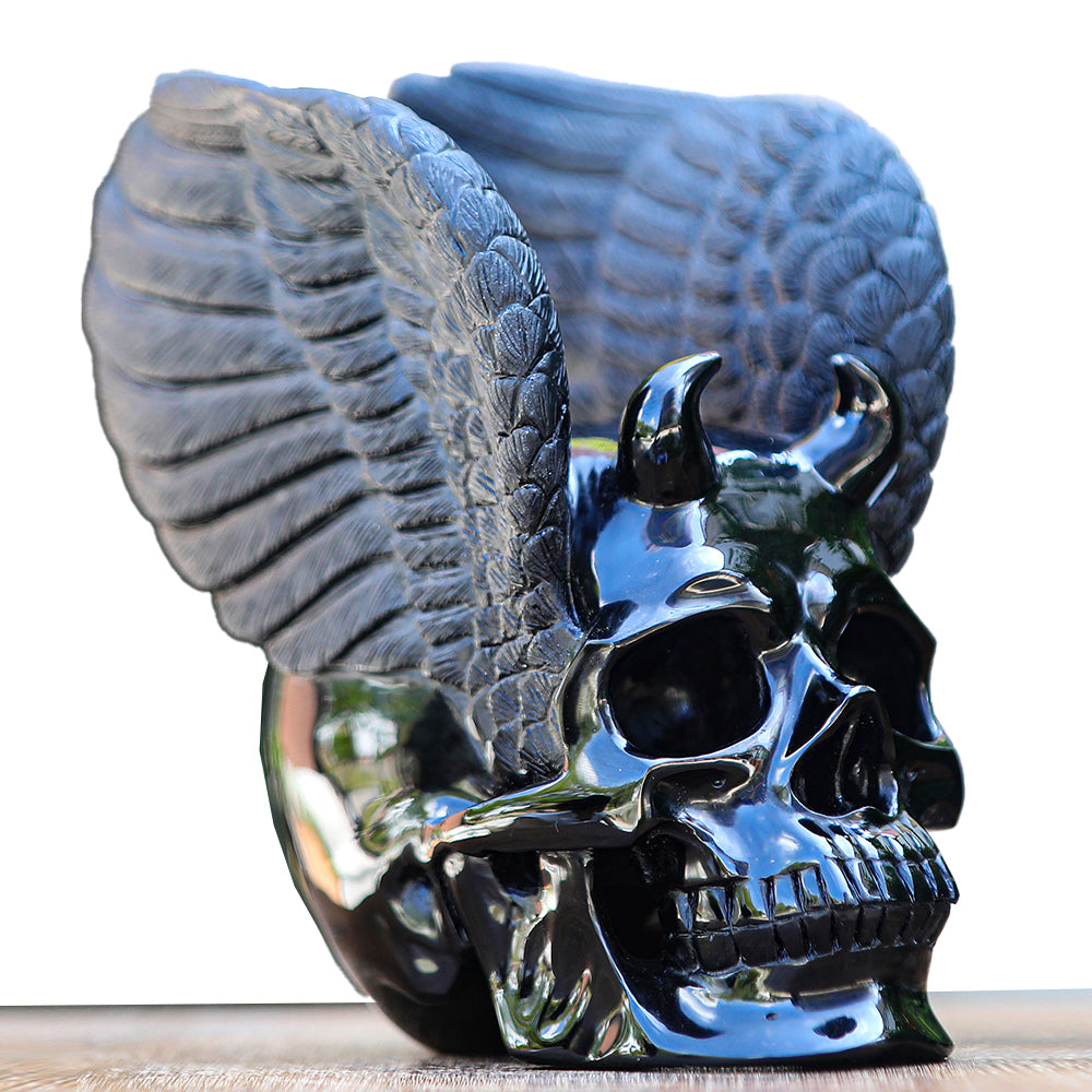 7.1" Obsidian Human Skull with Wings Carving - Unique Piece #2100039
