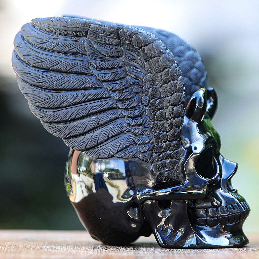 7.1" Obsidian Human Skull with Wings Carving - Unique Piece #2100039