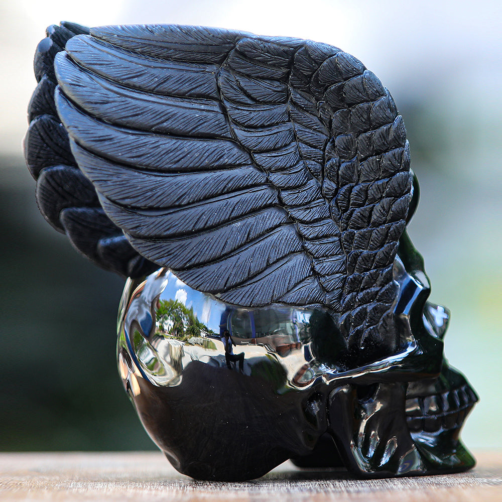 7.1" Obsidian Human Skull with Wings Carving - Unique Piece #2100039