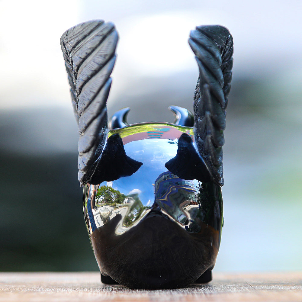 7.1" Obsidian Human Skull with Wings Carving - Unique Piece #2100039