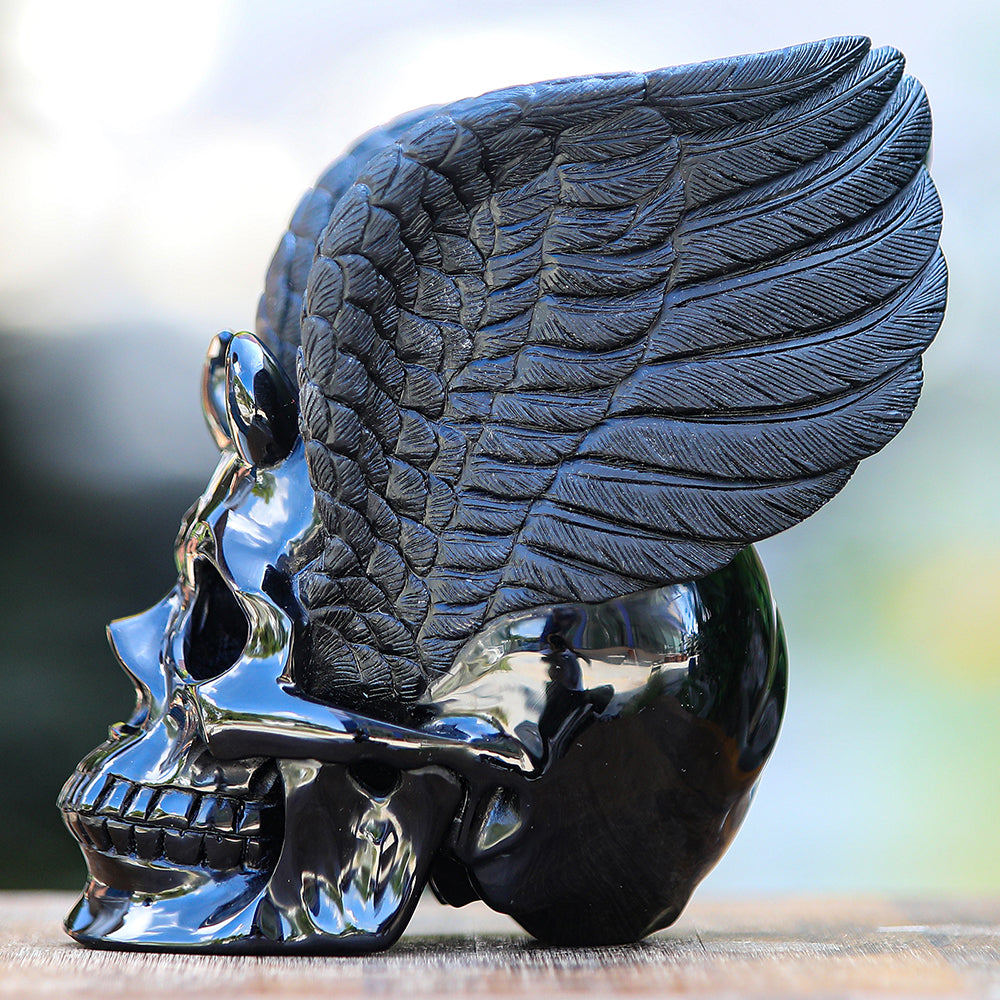 7.1" Obsidian Human Skull with Wings Carving - Unique Piece #2100039