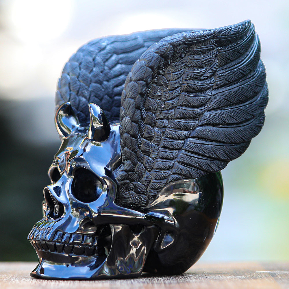 7.1" Obsidian Human Skull with Wings Carving - Unique Piece #2100039