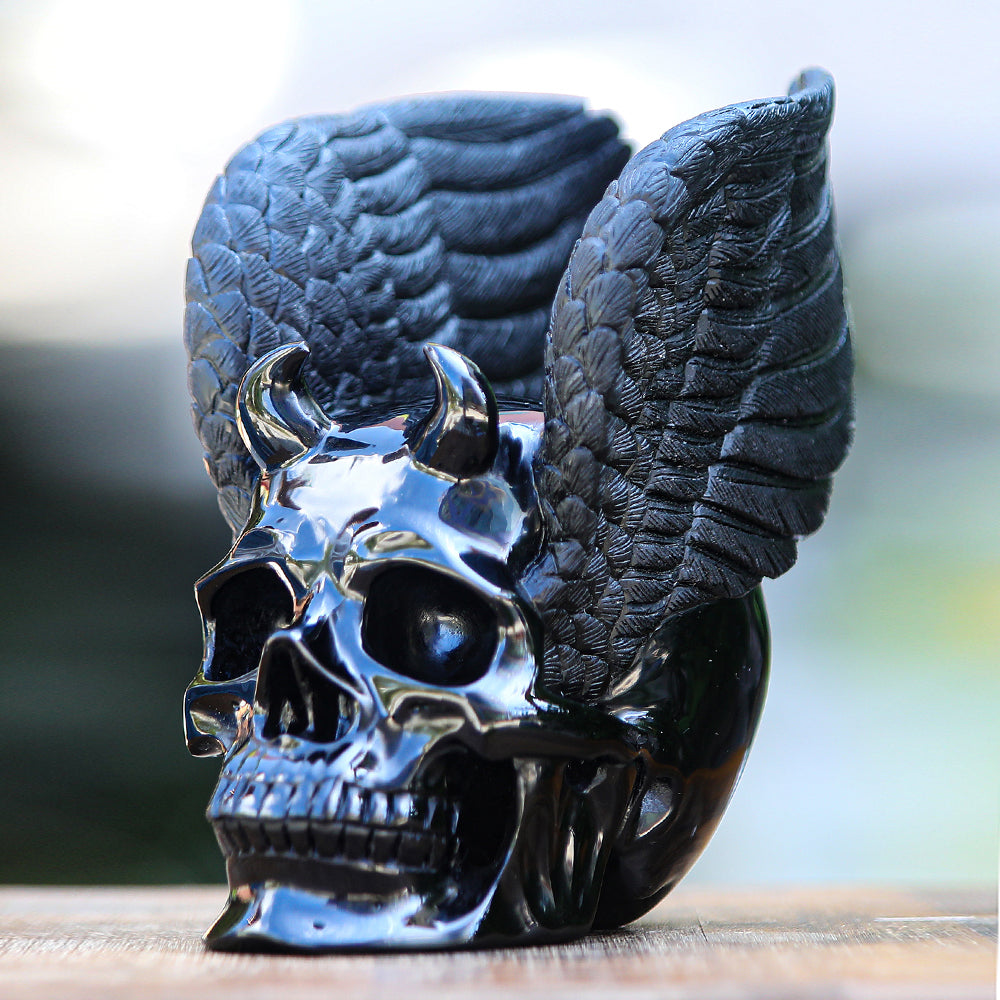 7.1" Obsidian Human Skull with Wings Carving - Unique Piece #2100039