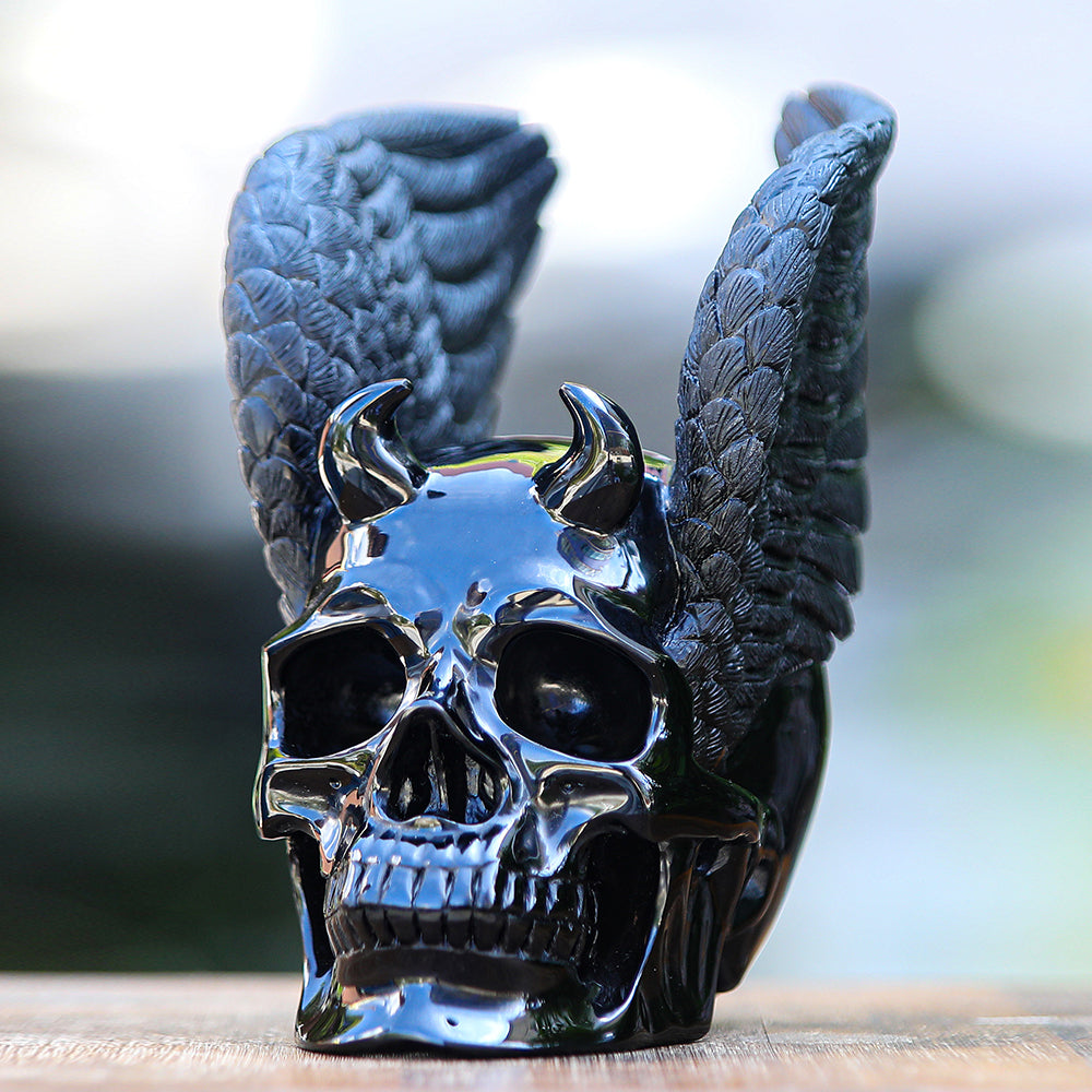 7.1" Obsidian Human Skull with Wings Carving - Unique Piece #2100039