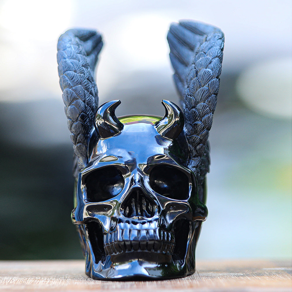 7.1" Obsidian Human Skull with Wings Carving - Unique Piece #2100039