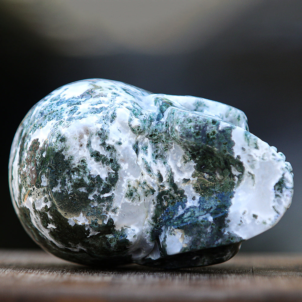 5.4" Moss Agate Human Skull Carving - Unique Piece #2100174