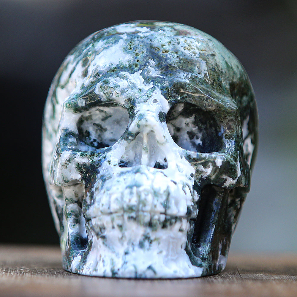 5.4" Moss Agate Human Skull Carving - Unique Piece #2100174