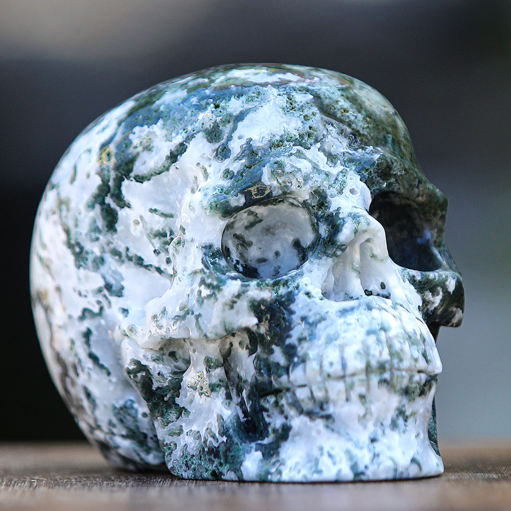 5.4" Moss Agate Human Skull Carving - Unique Piece #2100174