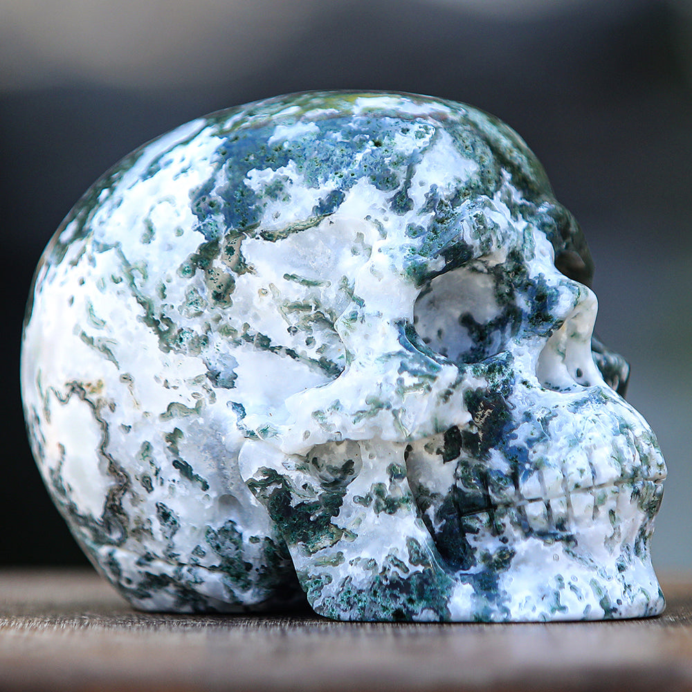 5.4" Moss Agate Human Skull Carving - Unique Piece #2100174