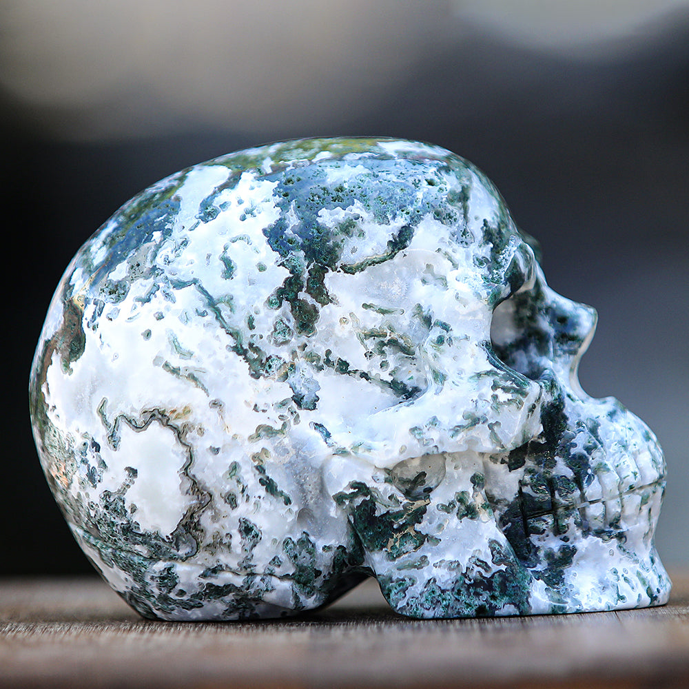 5.4" Moss Agate Human Skull Carving - Unique Piece #2100174