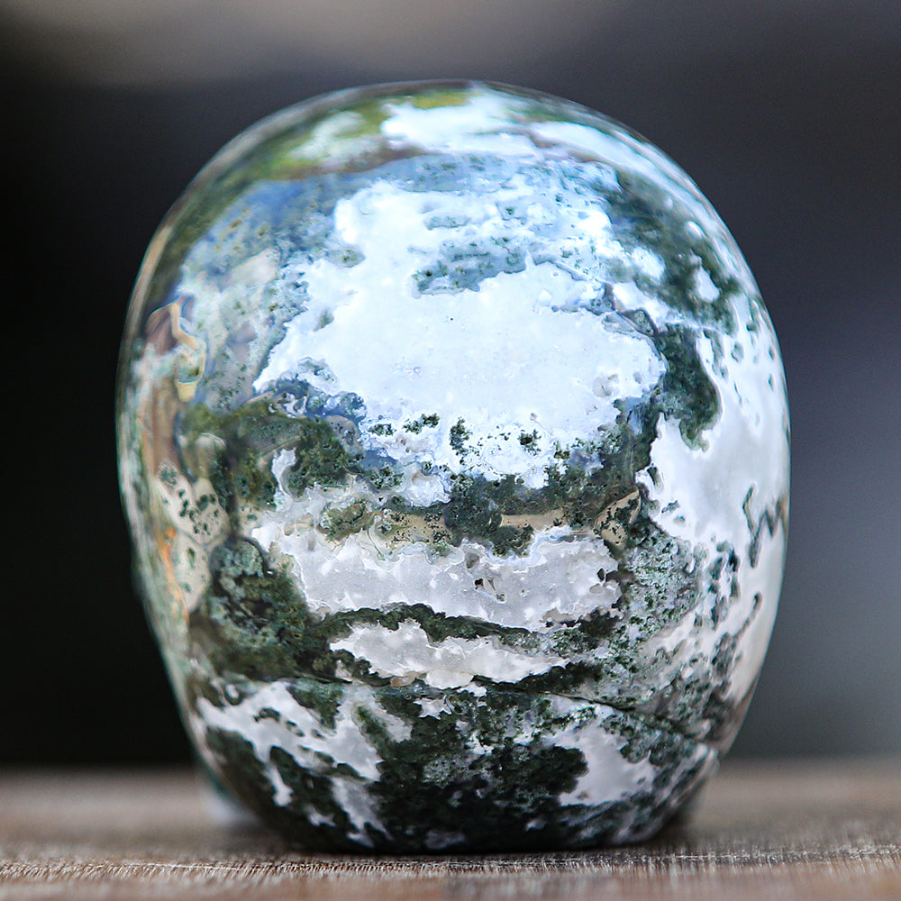 5.4" Moss Agate Human Skull Carving - Unique Piece #2100174