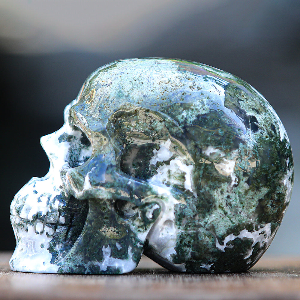5.4" Moss Agate Human Skull Carving - Unique Piece #2100174
