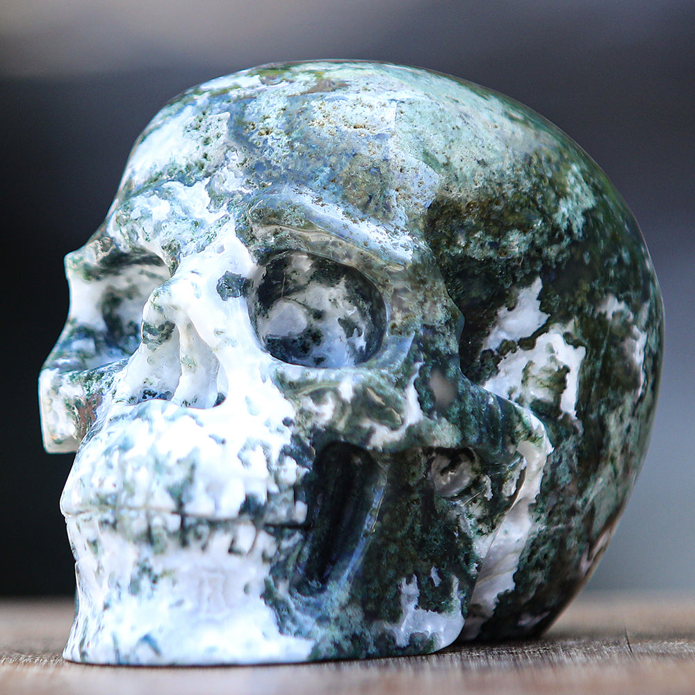 5.4" Moss Agate Human Skull Carving - Unique Piece #2100174