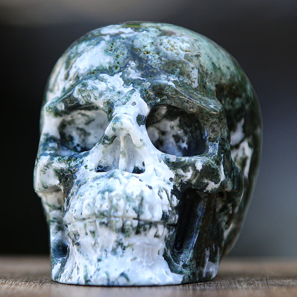 5.4" Moss Agate Human Skull Carving - Unique Piece #2100174