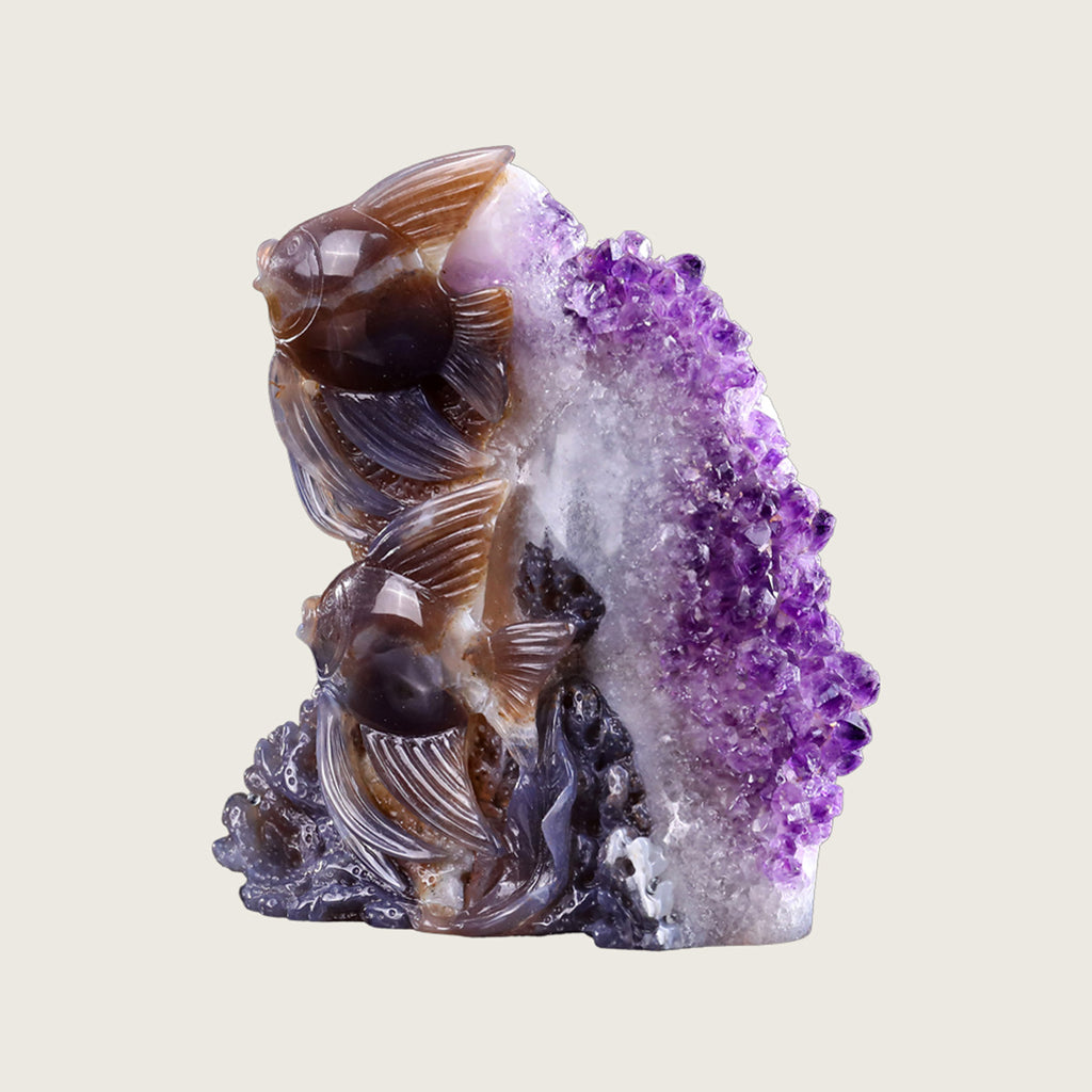 6.1" Amethyst Druse Agate Fishes Carving  #GDC0015