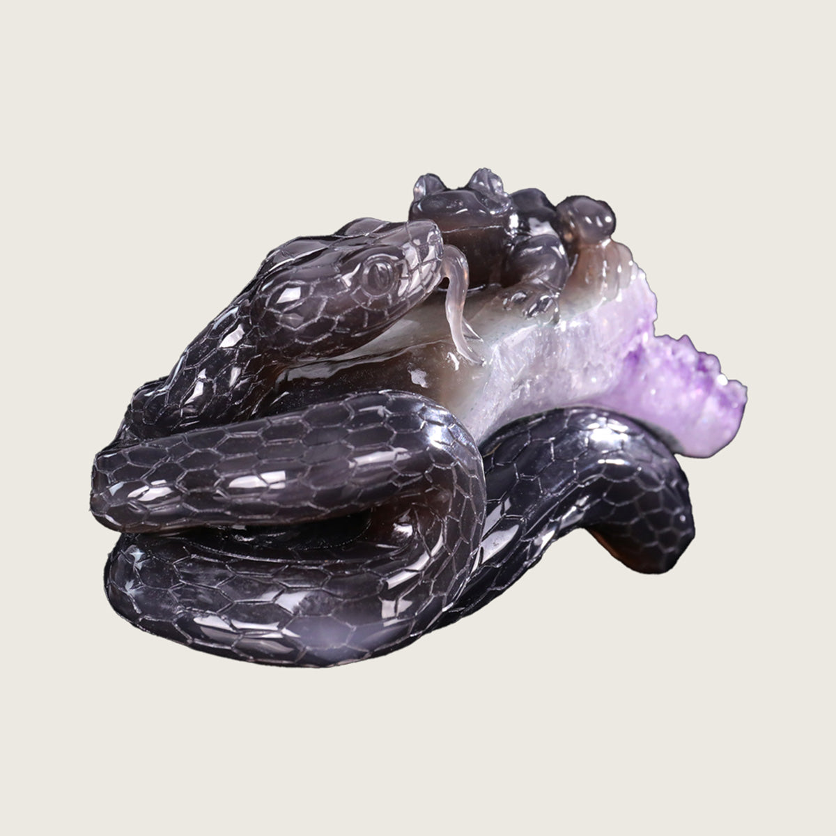 7.0"Amethyst Druse Agate Snake & Frog Carving  #GDC0018