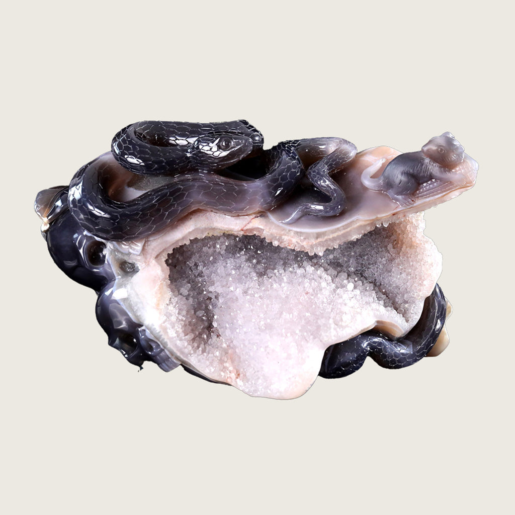 11.1" Druse Agate Snake & Mouse Carving  #GDC0013