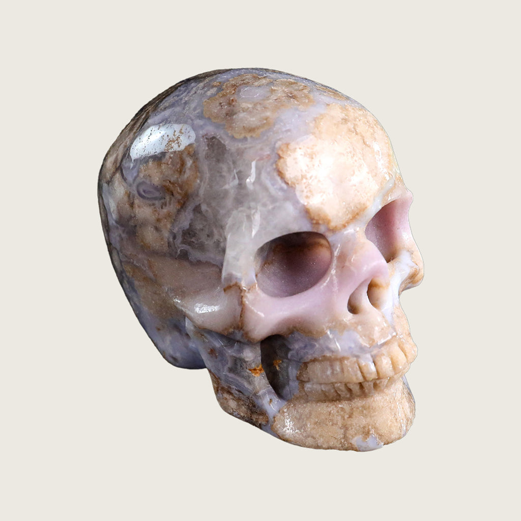 3.0" Blue Flower Agate Human Skull Carving  #SKH30009