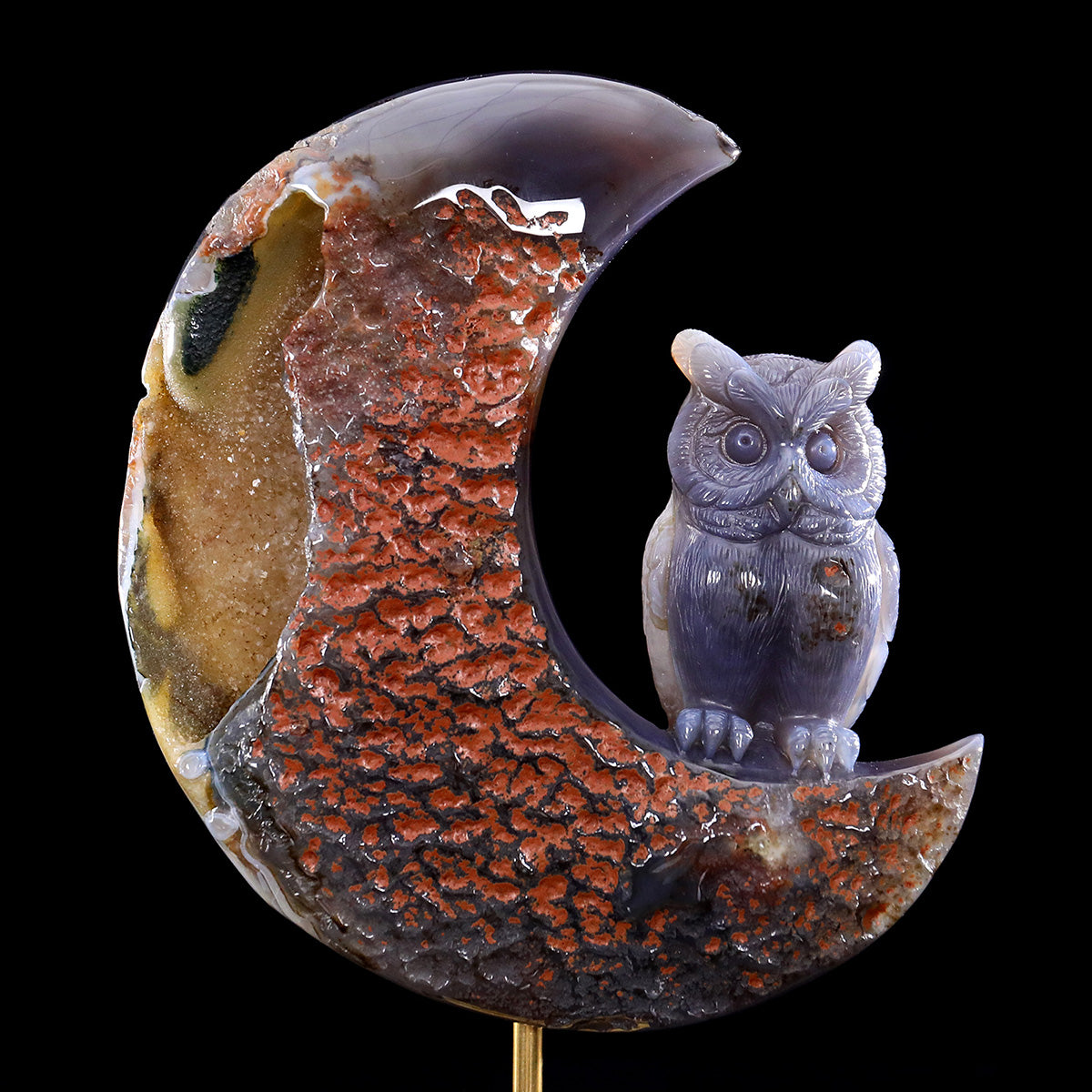 5.9"Geode Agate Moon and Owl Carving  #GDC0030