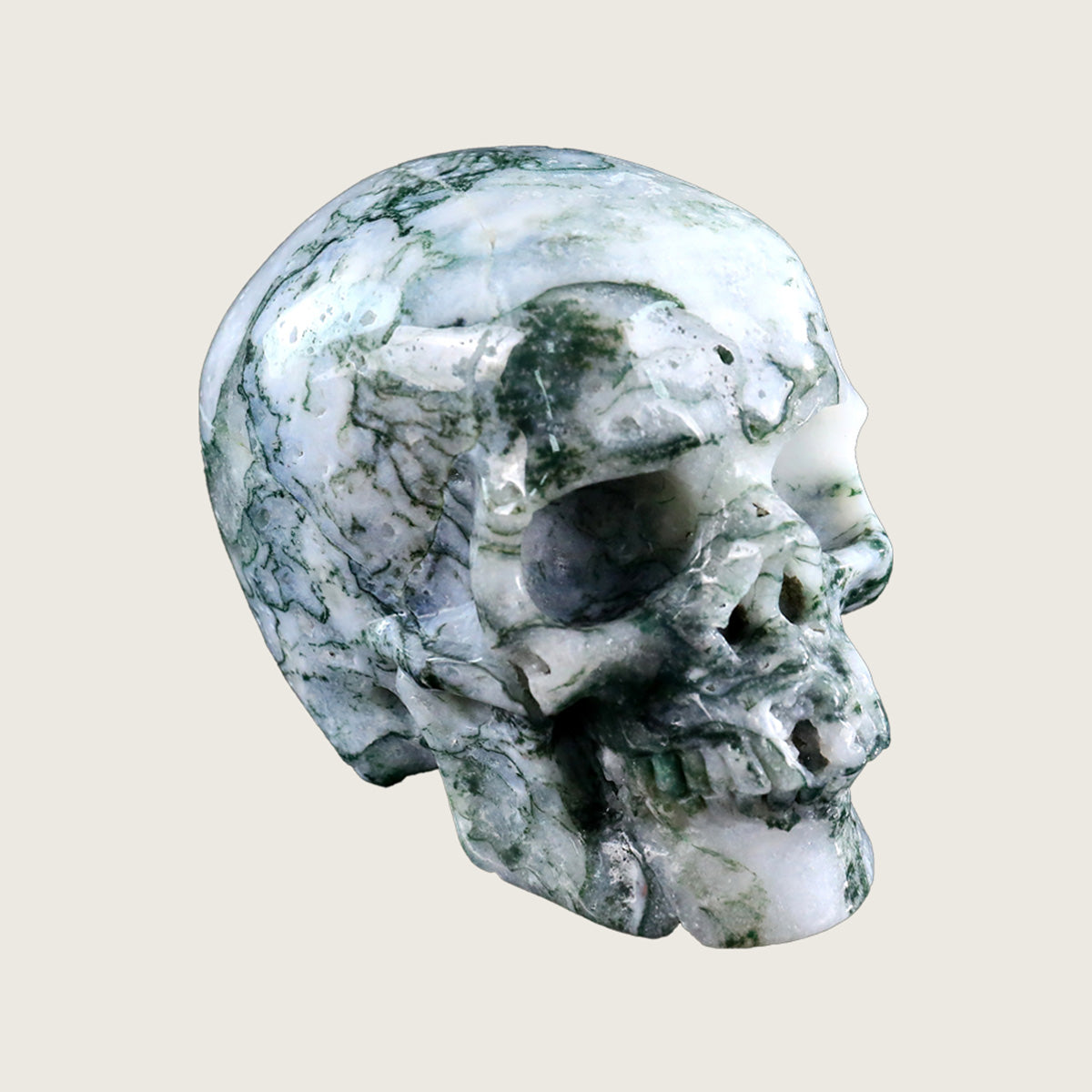 4.5" Moss Agate Human Skull Carving  #SKH45001
