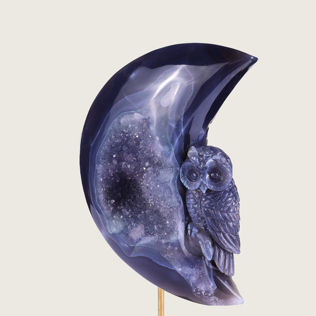 6.1"Druzy Agate Geode Moon and Owl Carving  #GDC0019