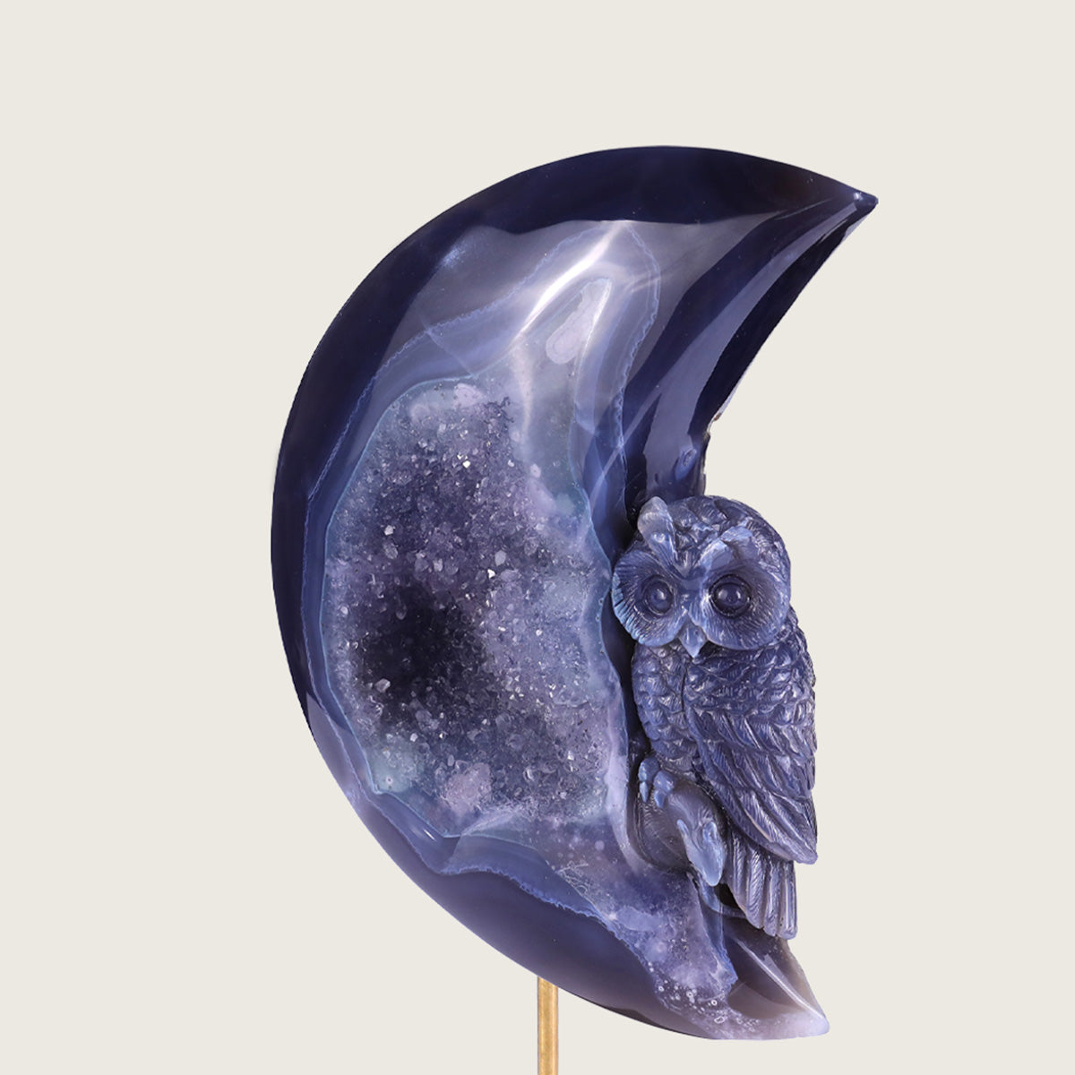 6.1"Druzy Agate Geode Moon and Owl Carving  #GDC0019