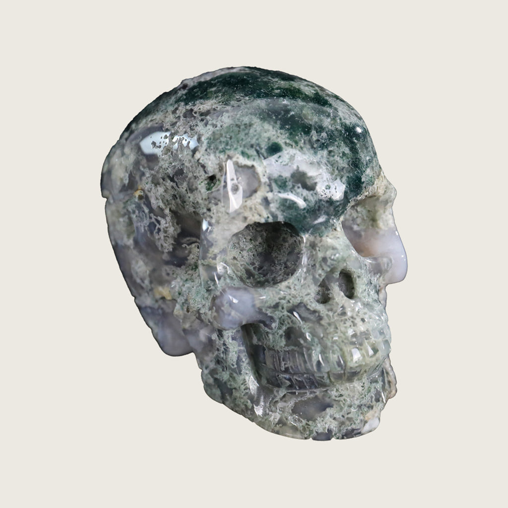 3.0" Moss Agate Crystal Skull Carving  #SKH30048