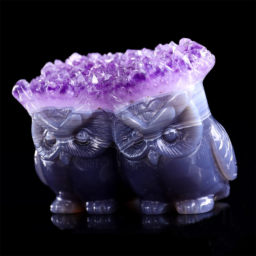 3.0" Amethyst Druzy Pair of Owls Carving  #GDC0029