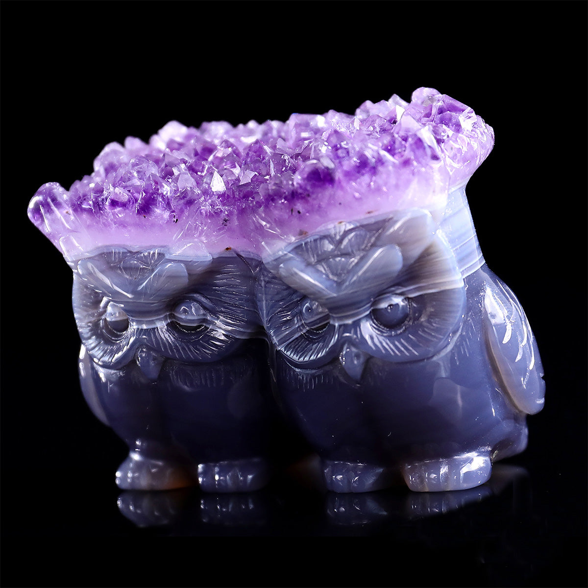 3.0"Amethyst Druzy Pair of Owls Carving  #GDC0029