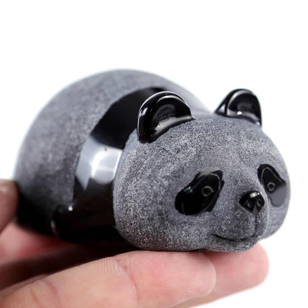 3.0" Frosted Obsidian Lying Panda Carving - Unique Piece #3100002