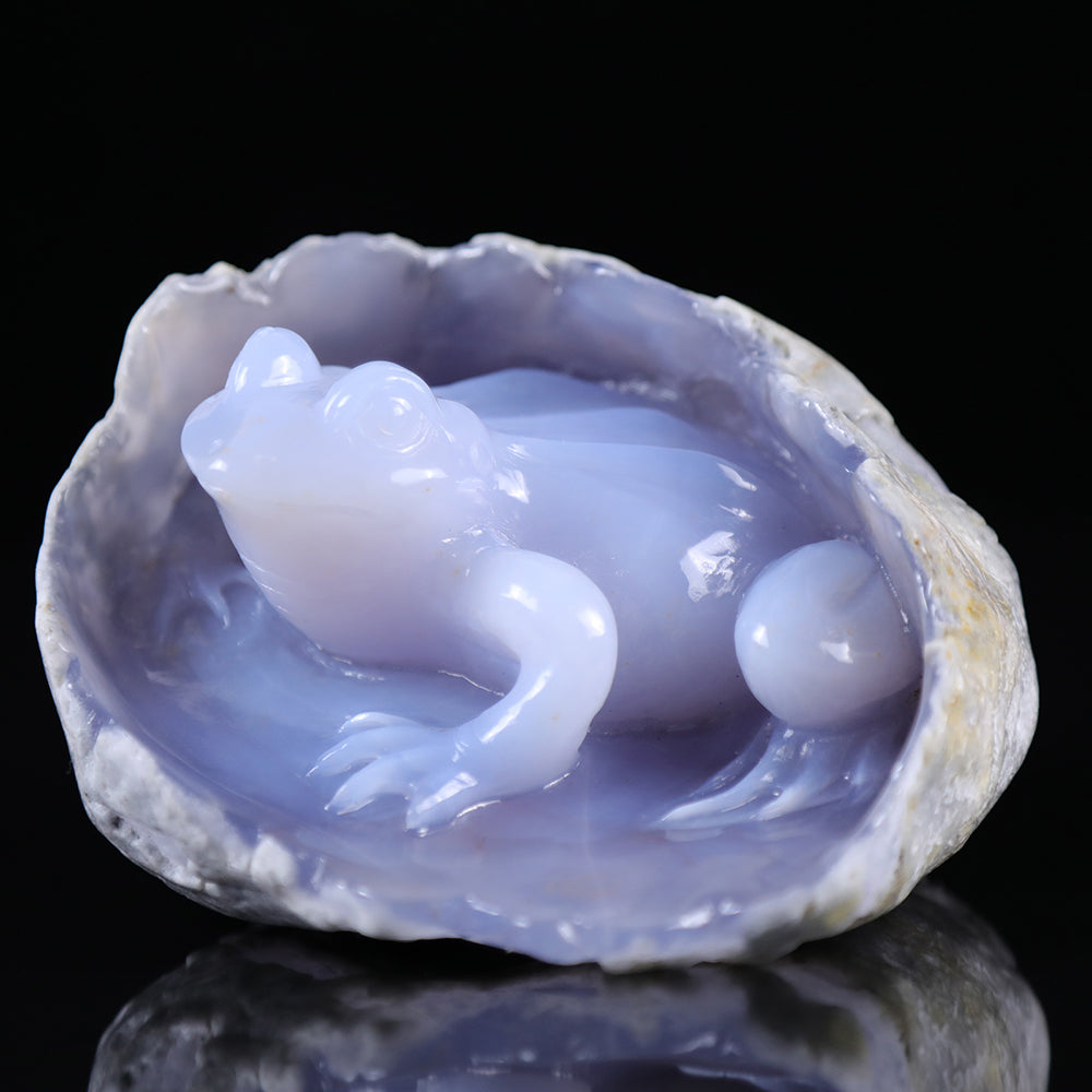5.2" Blue Chalcedony Frog in Cave Carving - Unique Piece #3100013