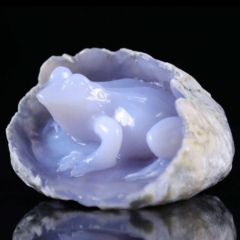 5.2" Blue Chalcedony Frog in Cave Carving - Unique Piece #3100013