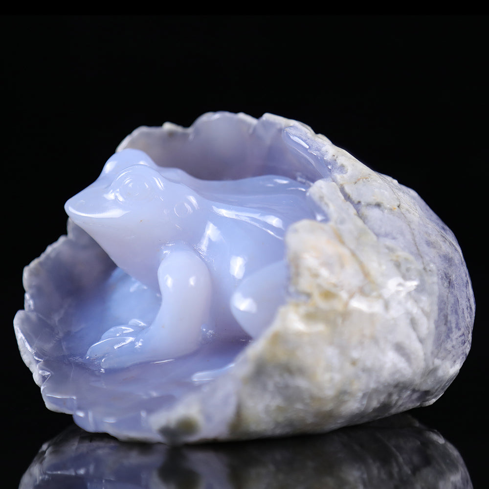 5.2" Blue Chalcedony Frog in Cave Carving - Unique Piece #3100013