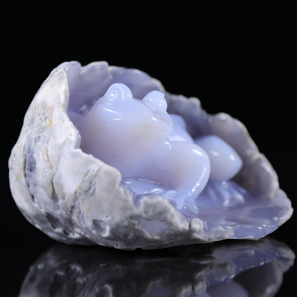 5.2" Blue Chalcedony Frog in Cave Carving - Unique Piece #3100013