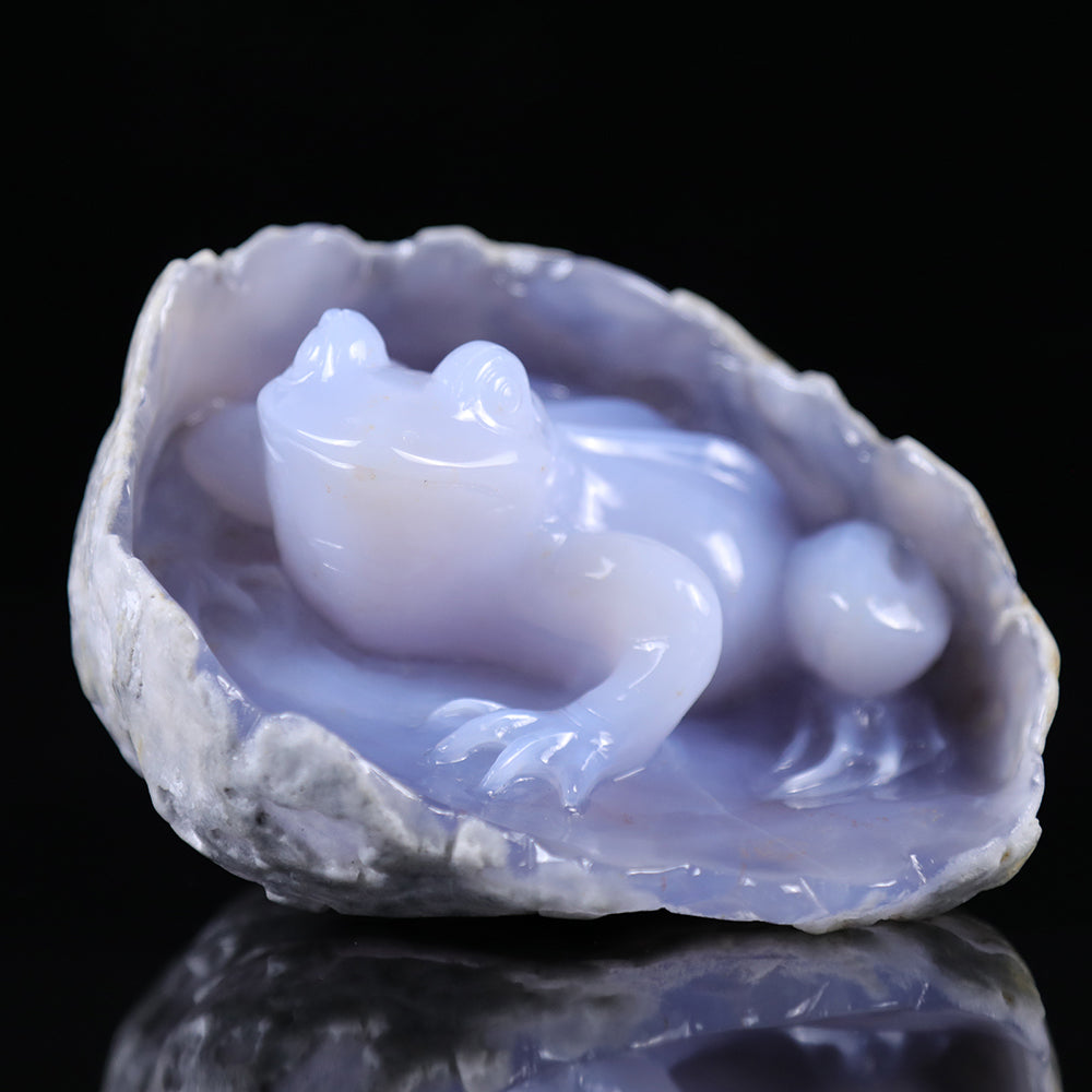 5.2" Blue Chalcedony Frog in Cave Carving - Unique Piece #3100013