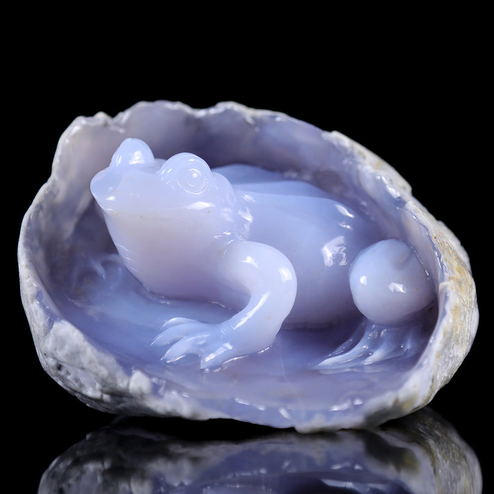5.2" Blue Chalcedony Frog in Cave Carving - Unique Piece #3100013