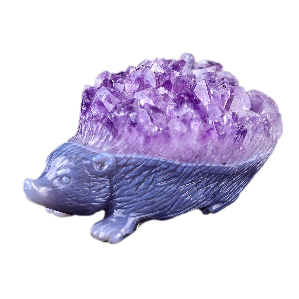 3.4" Amethyst Cluster Hedgehog Carving - Unique Piece #3100032