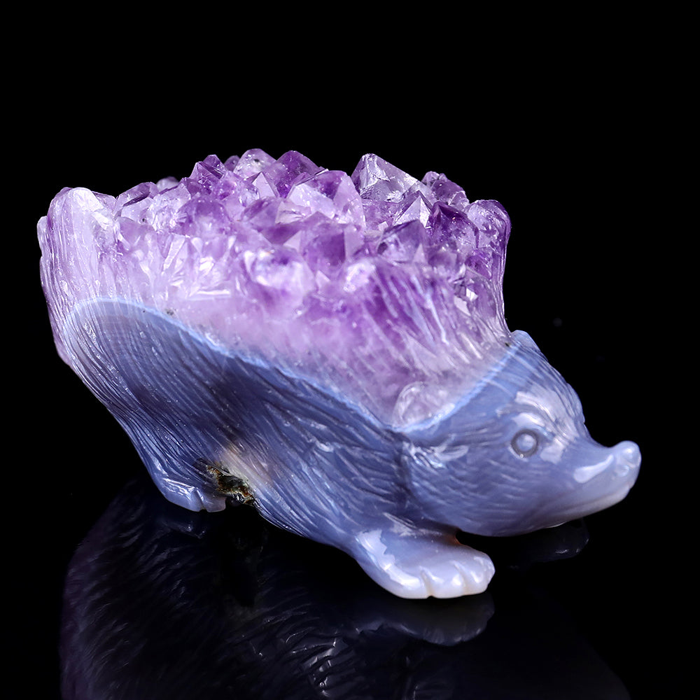 3.4" Amethyst Cluster Hedgehog Carving - Unique Piece #3100032