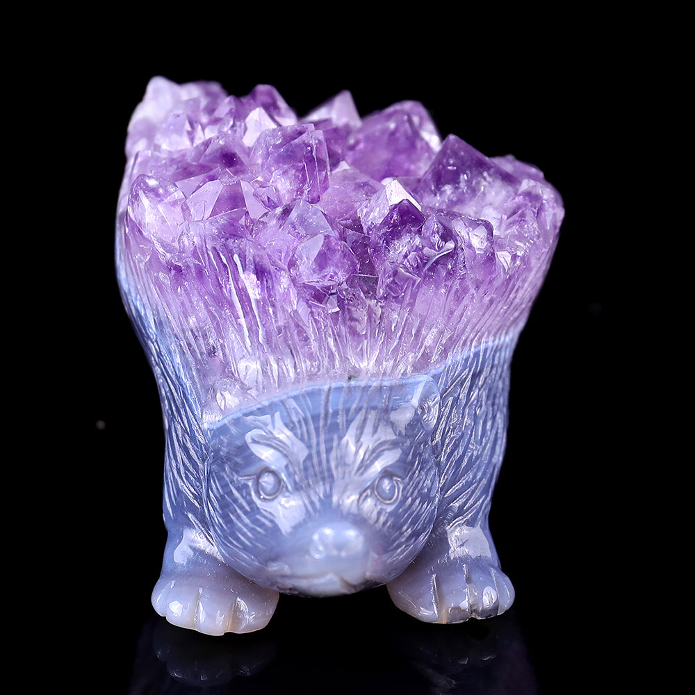 3.4" Amethyst Cluster Hedgehog Carving - Unique Piece #3100032