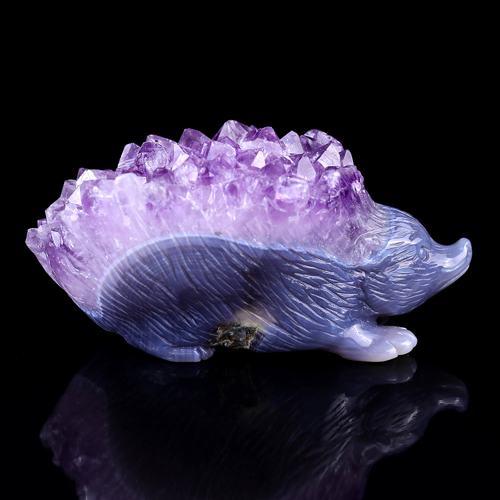 3.4" Amethyst Cluster Hedgehog Carving - Unique Piece #3100032