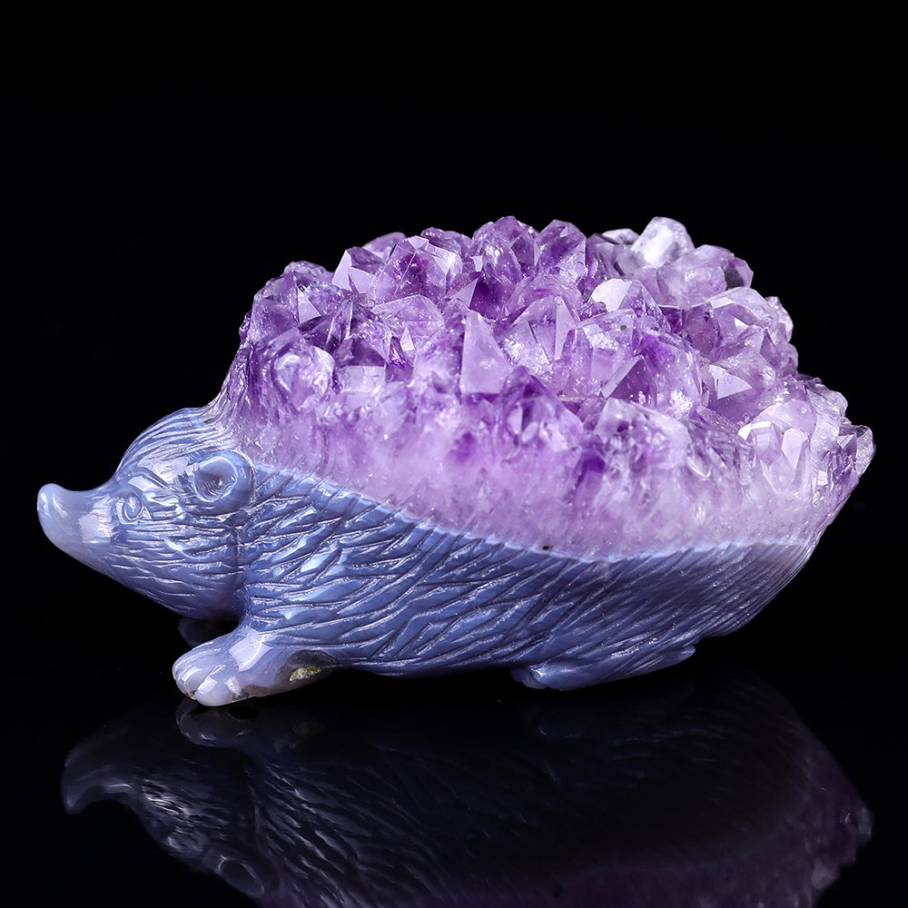 3.4" Amethyst Cluster Hedgehog Carving - Unique Piece #3100032