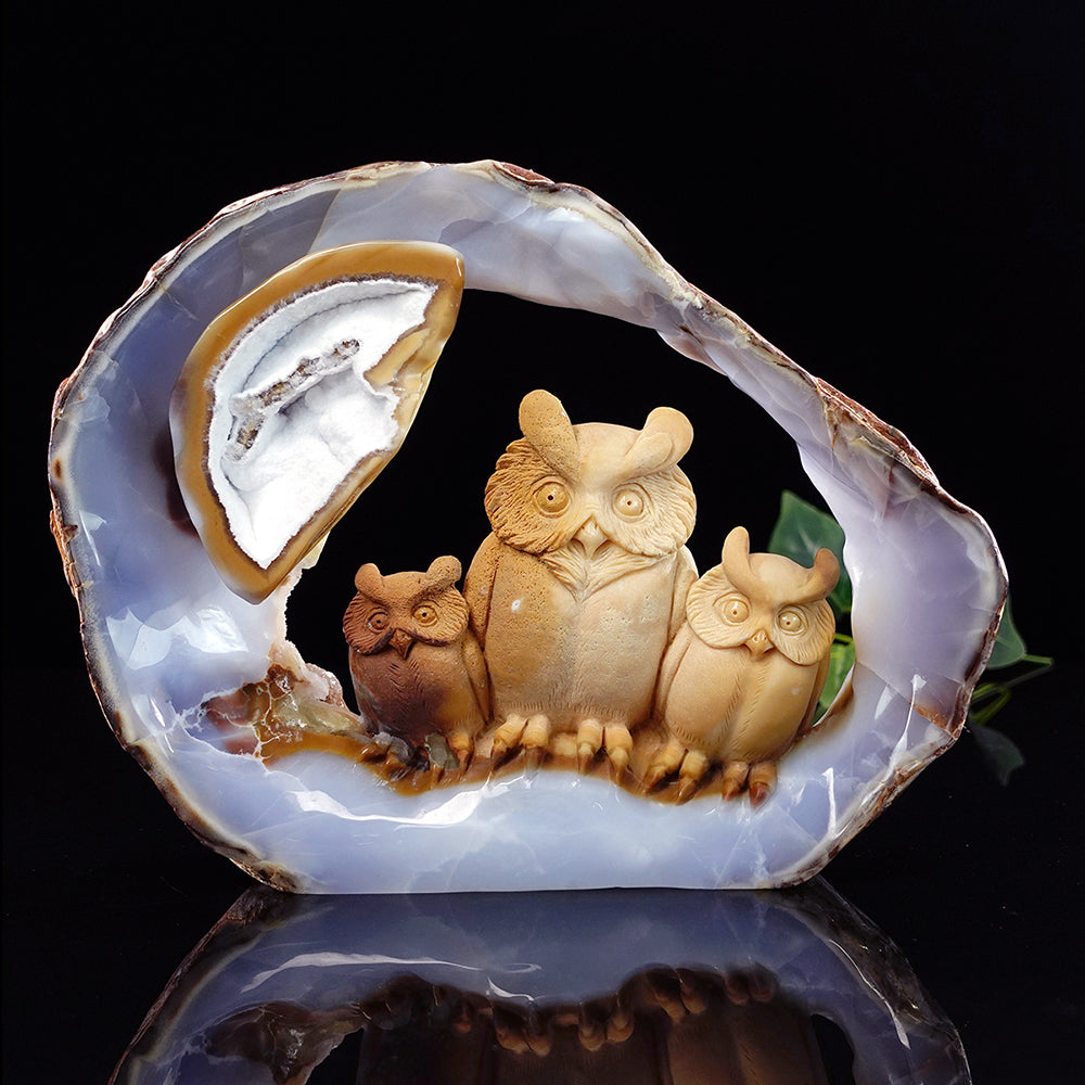 9.5" Yellow Chalcedony Owl Carving - Unique Piece #3100076
