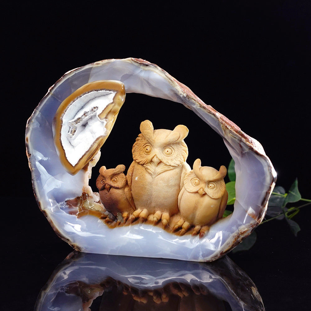 9.5" Yellow Chalcedony Owl Carving - Unique Piece #3100076