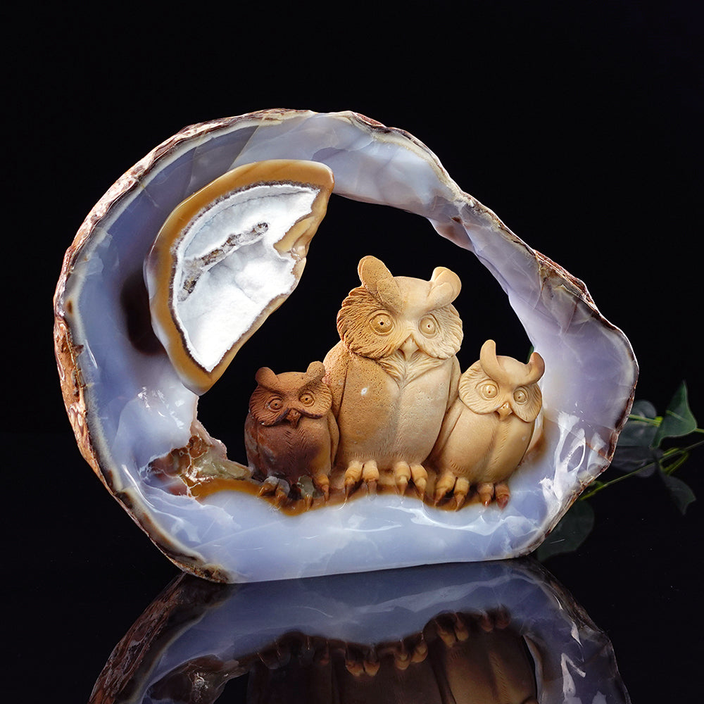 9.5" Yellow Chalcedony Owl Carving - Unique Piece #3100076