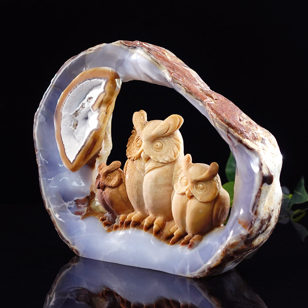 9.5" Yellow Chalcedony Owl Carving - Unique Piece #3100076