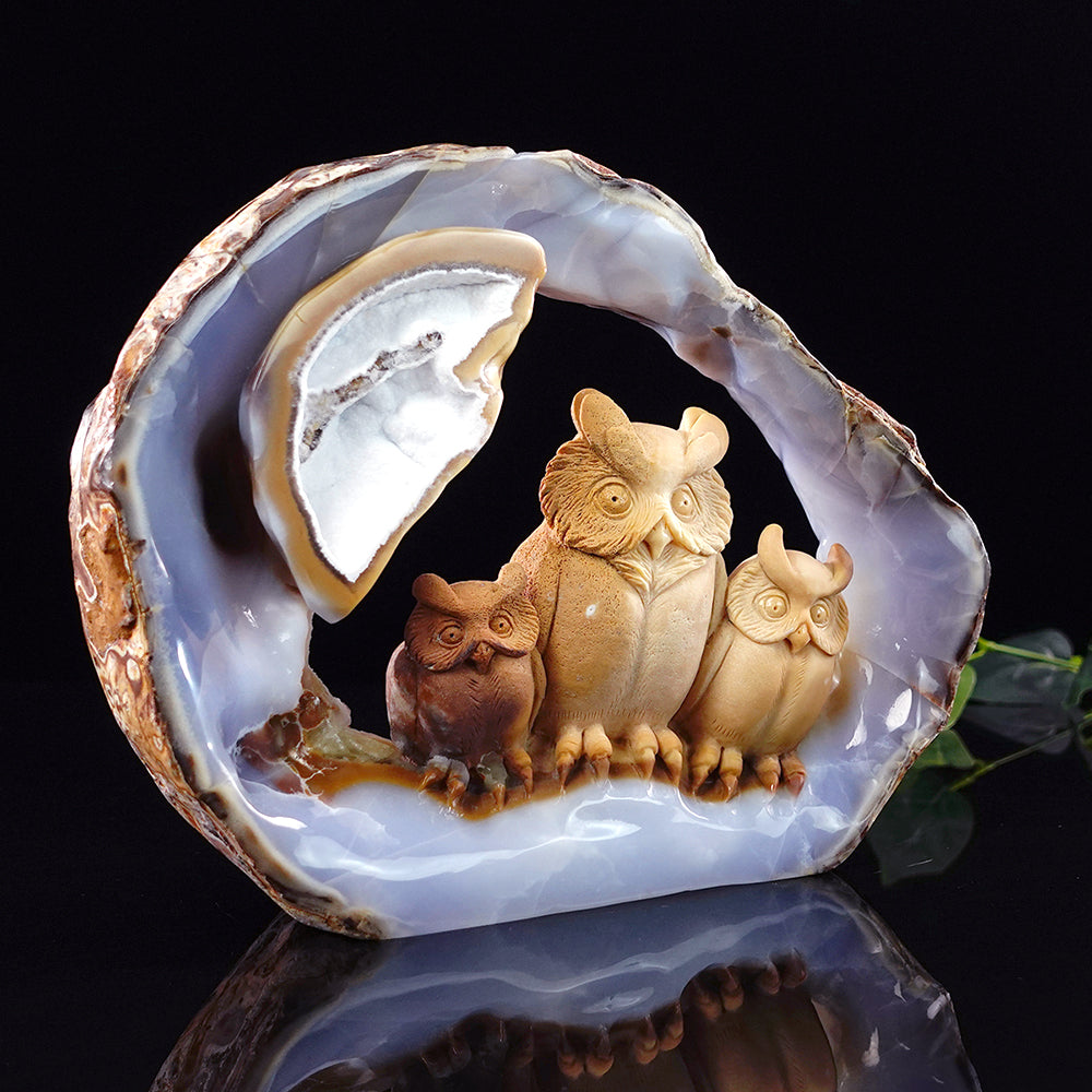 9.5" Yellow Chalcedony Owl Carving - Unique Piece #3100076