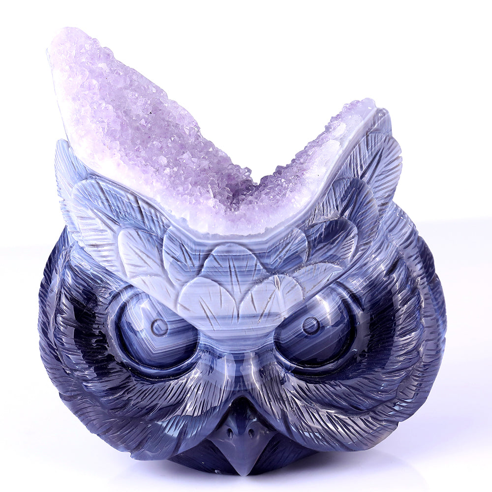 6.1" Amethyst Cluster Owl Head Carving - Unique Piece #3100104